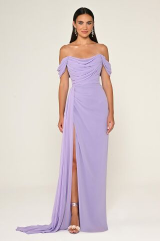Düşük Omuz Yandan Yırtmaçlı Şifon Uzun Elbise AÇIK LİLA - 36