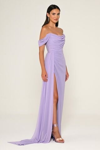 Düşük Omuz Yandan Yırtmaçlı Şifon Uzun Elbise AÇIK LİLA - 36