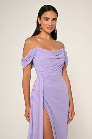 Düşük Omuz Yandan Yırtmaçlı Şifon Uzun Elbise AÇIK LİLA - 36