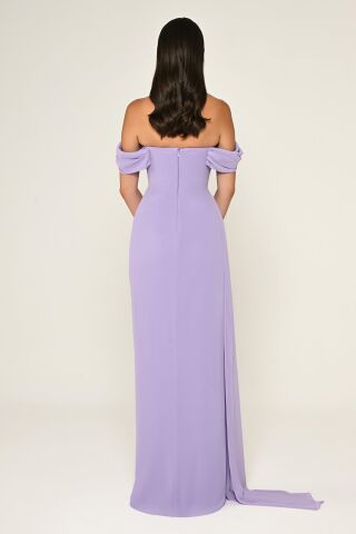 Düşük Omuz Yandan Yırtmaçlı Şifon Uzun Elbise AÇIK LİLA - 36