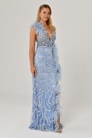 İp Askılı Sırt İp Askılı V Yaka Otriş Akesuarlı Pullu Kumaş Uzun Elbise MAVİ - 36