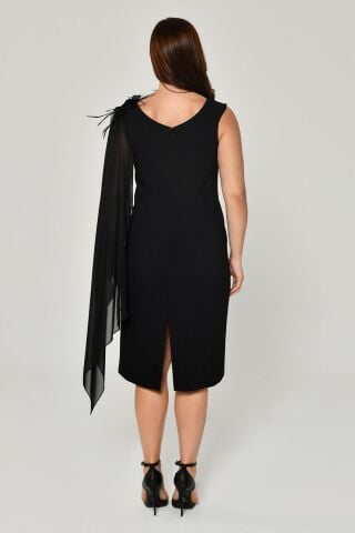 Omzu Şifon Şal Aksesuarlı Midi Elbise Siyah - 44