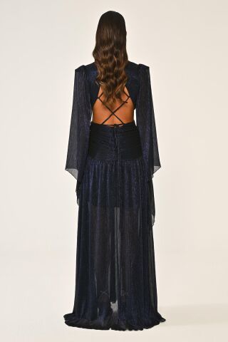 V Yaka Bel Sırt Dekolteli Önü Broşlu Şifon Uzun Elbise Lacivert - 40