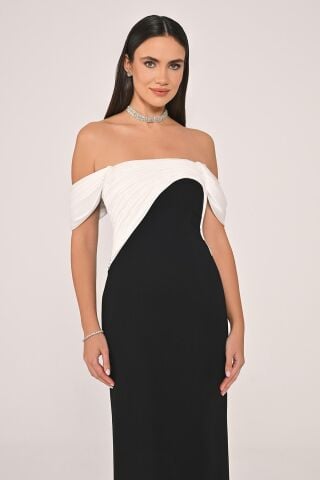 Düşük Omuz Saten Yaka Krep Uzun Elbise