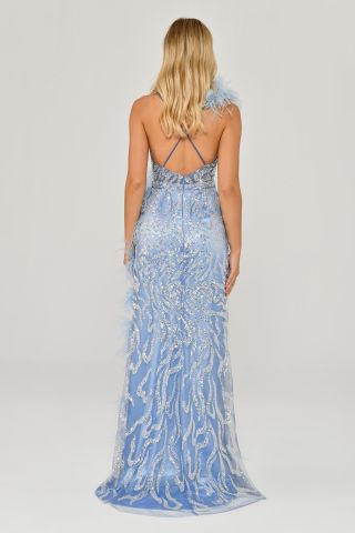 İp Askılı Sırt İp Askılı V Yaka Otriş Akesuarlı Pullu Kumaş Uzun Elbise MAVİ - 38