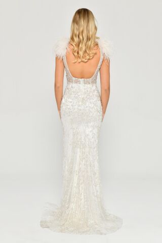 Omzu Otrişli Taşlı Uzun Elbise Beyaz - 40