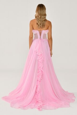 Straplez Fırfırlı Çift Yırtmaçlı Şifon Uzun Elbise AÇIK PEMBE - 42