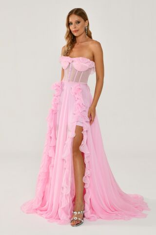 Straplez Fırfırlı Çift Yırtmaçlı Şifon Uzun Elbise AÇIK PEMBE - 42