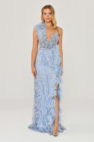 İp Askılı Sırt İp Askılı V Yaka Otriş Akesuarlı Pullu Kumaş Uzun Elbise MAVİ - 40