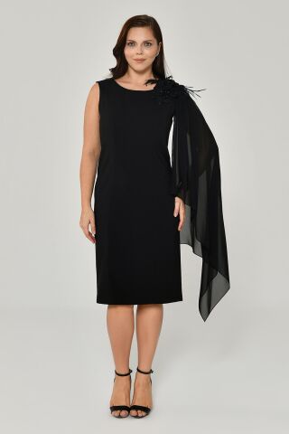 Omzu Şifon Şal Aksesuarlı Midi Elbise Siyah - 48