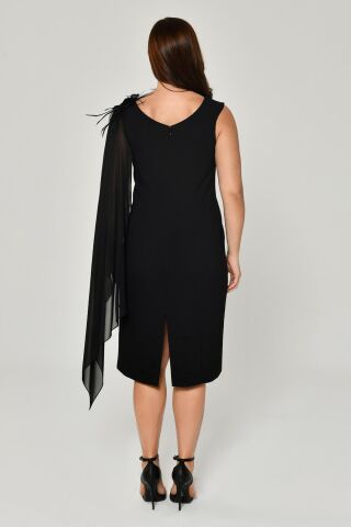 Omzu Şifon Şal Aksesuarlı Midi Elbise Siyah - 48