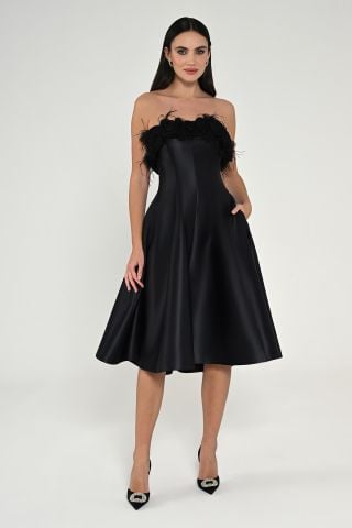 Satin Midi Dress with Strapless Top and Floral Feather Accessories