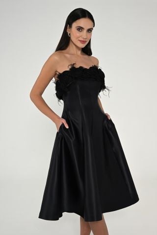 Satin Midi Dress with Strapless Top and Floral Feather Accessories