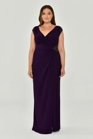 V Yaka Kısa Kollu Beli Aksesuarlı Yırtmaçlı Uzun Elbise Mürdüm - 42