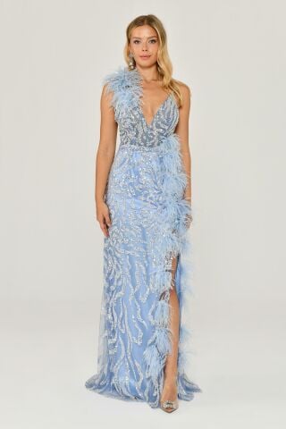 İp Askılı Sırt İp Askılı V Yaka Otriş Akesuarlı Pullu Kumaş Uzun Elbise MAVİ - 42