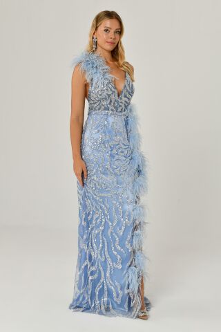 İp Askılı Sırt İp Askılı V Yaka Otriş Akesuarlı Pullu Kumaş Uzun Elbise MAVİ - 42