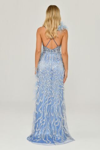 İp Askılı Sırt İp Askılı V Yaka Otriş Akesuarlı Pullu Kumaş Uzun Elbise MAVİ - 42