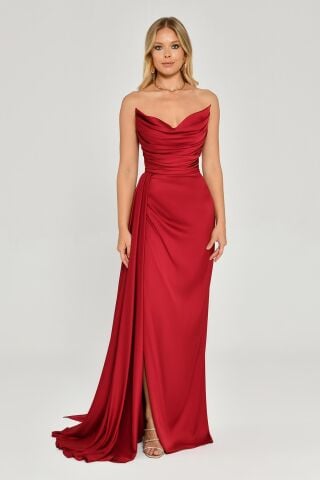 Kayık Yaka Yırtmaçlı Saten Elbise Bordo - 40