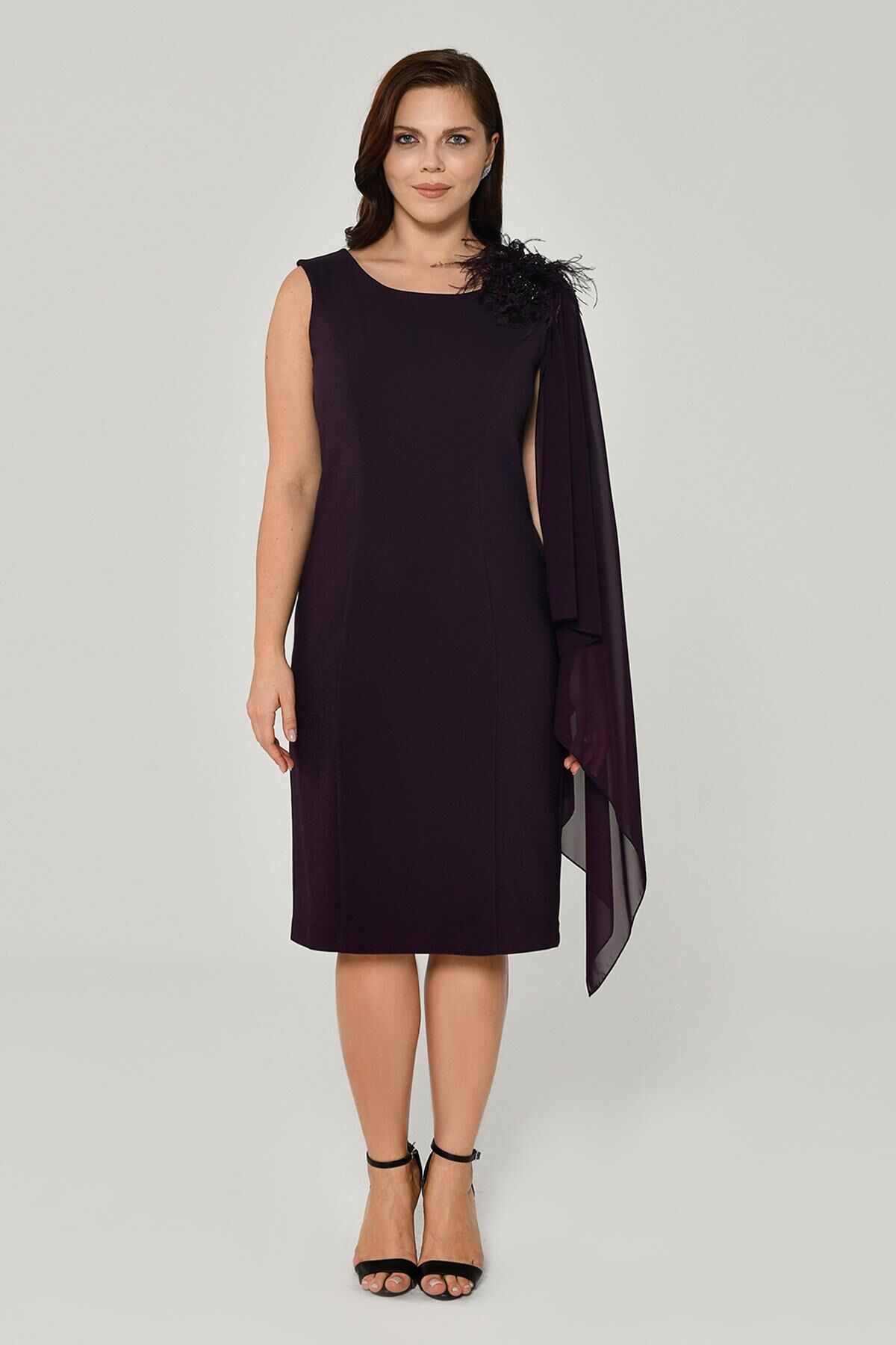 Omzu Şifon Şal Aksesuarlı Midi Elbise Mürdüm - 40