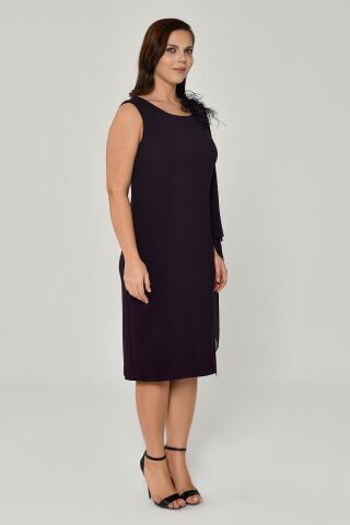 Omzu Şifon Şal Aksesuarlı Midi Elbise Mürdüm - 40