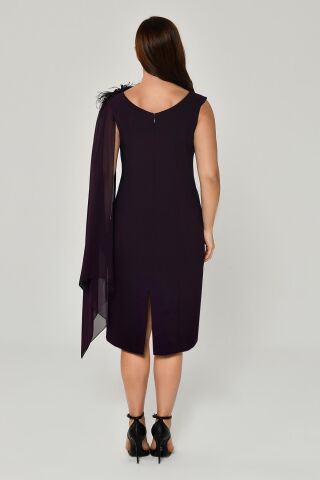 Omzu Şifon Şal Aksesuarlı Midi Elbise Mürdüm - 40