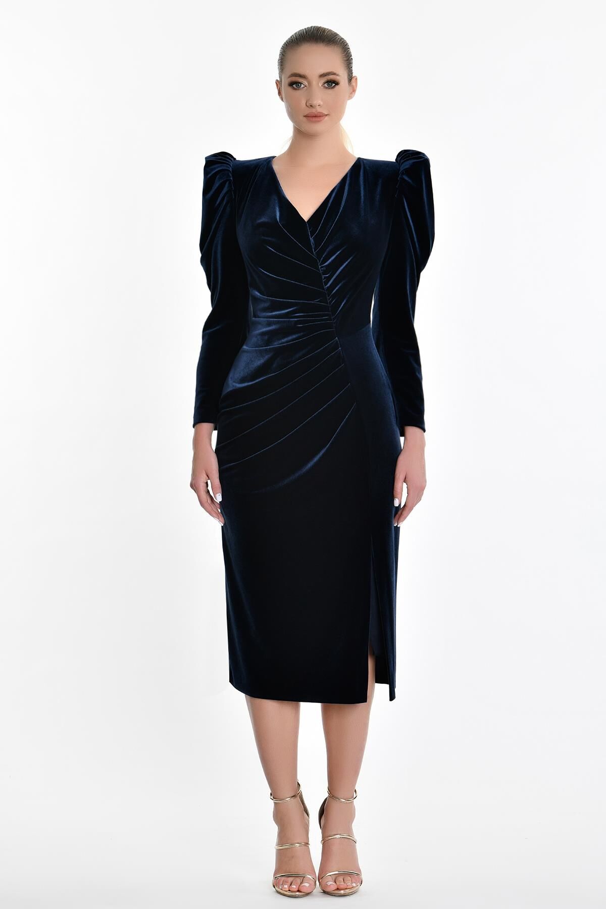 Uzun Kol Kadife Midi Elbise Lacivert - 40