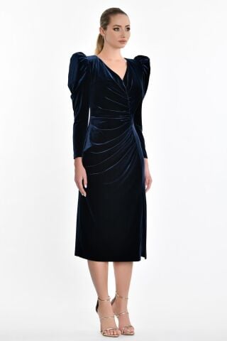 Uzun Kol Kadife Midi Elbise Lacivert - 40