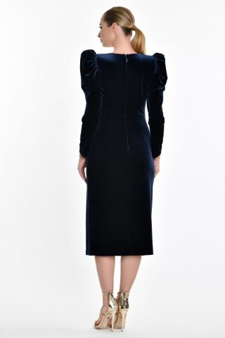 Uzun Kol Kadife Midi Elbise Lacivert - 40