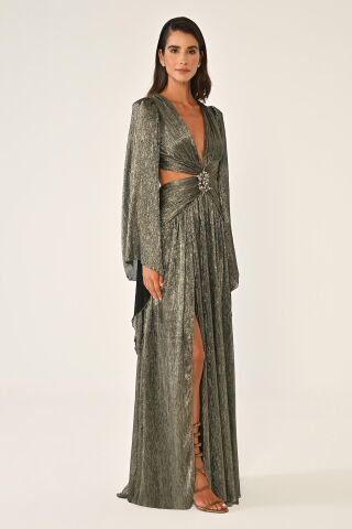 V Yaka Bel Sırt Dekolteli Önü Broşlu Şifon Uzun Elbise SİYAH / ALTIN - 38