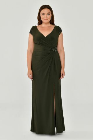 V Yaka Kısa Kollu Beli Aksesuarlı Yırtmaçlı Uzun Elbise Nefti - 46