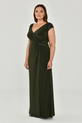 V Yaka Kısa Kollu Beli Aksesuarlı Yırtmaçlı Uzun Elbise Nefti - 46