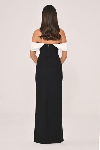 Düşük Omuz Saten Yaka Krep Uzun Elbise SİYAH / BEYAZ - 40