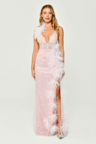 İp Askılı Sırt İp Askılı V Yaka Otriş Akesuarlı Pullu Kumaş Uzun Elbise Pembe - 36