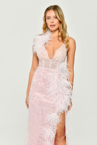 İp Askılı Sırt İp Askılı V Yaka Otriş Akesuarlı Pullu Kumaş Uzun Elbise Pembe - 36