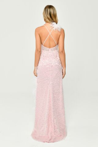 İp Askılı Sırt İp Askılı V Yaka Otriş Akesuarlı Pullu Kumaş Uzun Elbise Pembe - 36