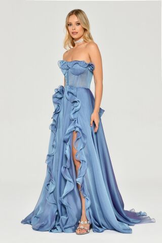 Straplez Fırfırlı Çift Yırtmaçlı Şifon Uzun Elbise İNDİGO - 40