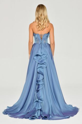 Straplez Fırfırlı Çift Yırtmaçlı Şifon Uzun Elbise İNDİGO - 40