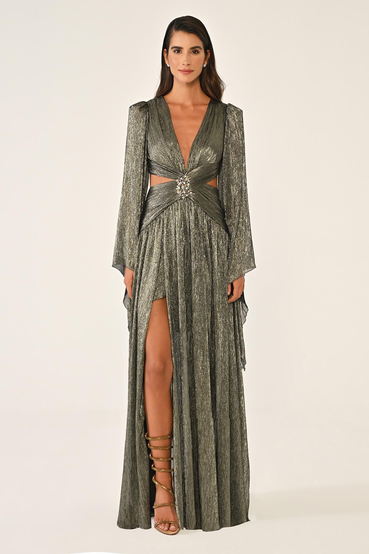 V Yaka Bel Sırt Dekolteli Önü Broşlu Şifon Uzun Elbise SİYAH / ALTIN - 40