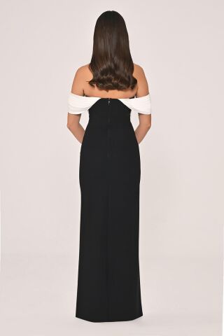 Düşük Omuz Saten Yaka Krep Uzun Elbise SİYAH / BEYAZ - 42