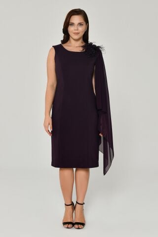 Omzu Şifon Şal Aksesuarlı Midi Elbise Mürdüm - 44