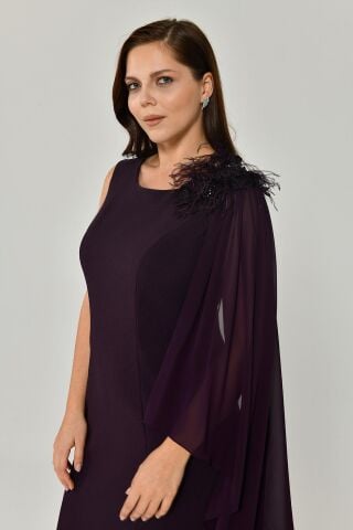 Omzu Şifon Şal Aksesuarlı Midi Elbise Mürdüm - 44