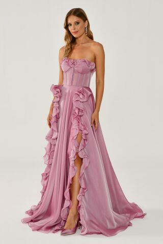 Straplez Fırfırlı Çift Yırtmaçlı Şifon Uzun Elbise Pembe - 38