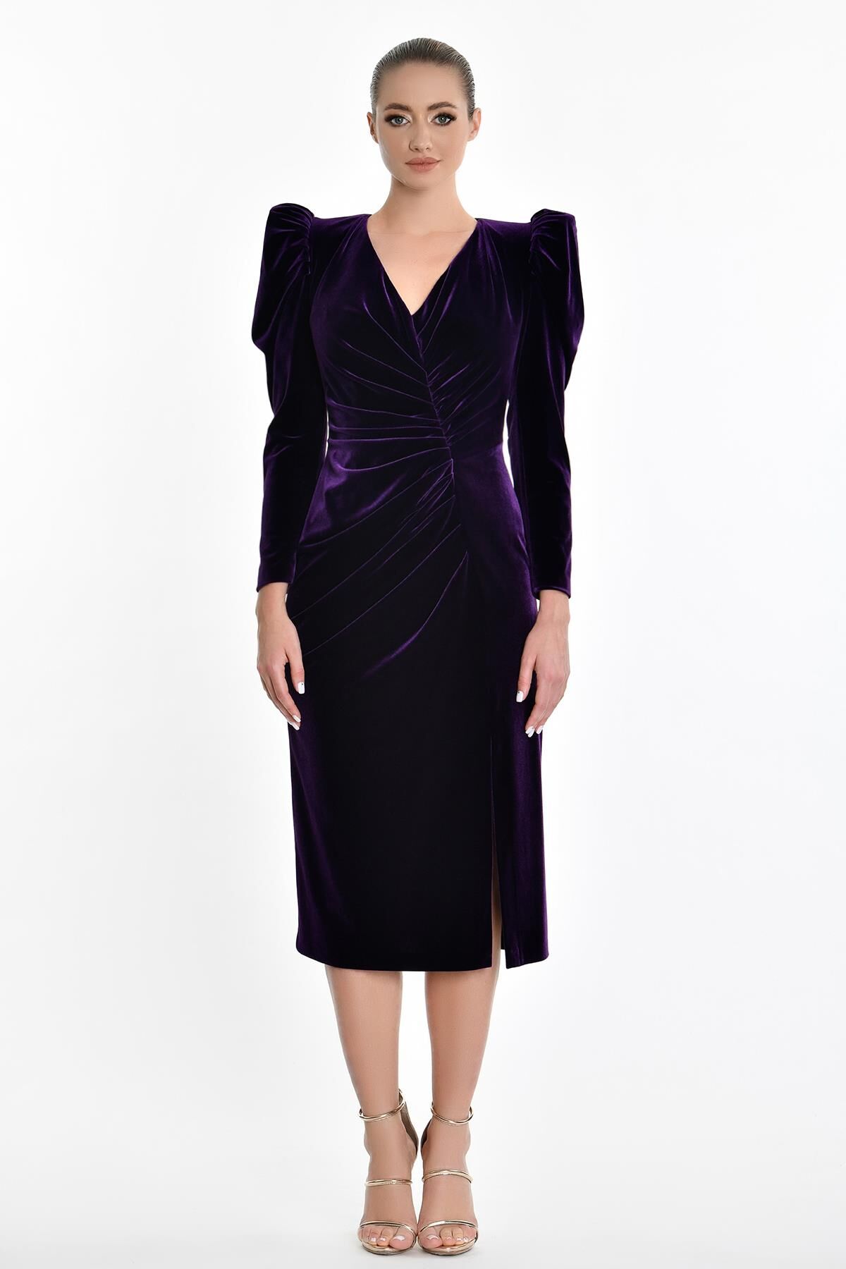 Uzun Kol Kadife Midi Elbise Mor - 40