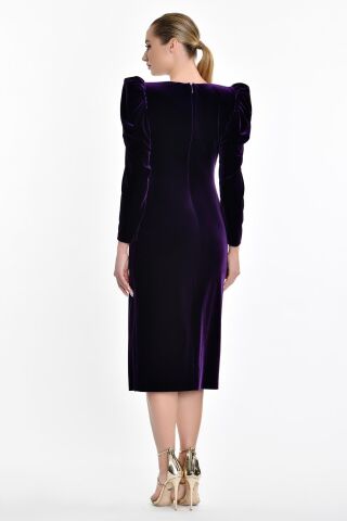 Uzun Kol Kadife Midi Elbise Mor - 40