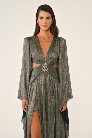 V Yaka Bel Sırt Dekolteli Önü Broşlu Şifon Uzun Elbise SİYAH / ALTIN - 42