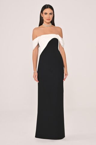 Düşük Omuz Saten Yaka Krep Uzun Elbise SİYAH / BEYAZ - 44