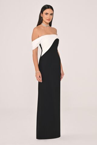 Düşük Omuz Saten Yaka Krep Uzun Elbise SİYAH / BEYAZ - 44