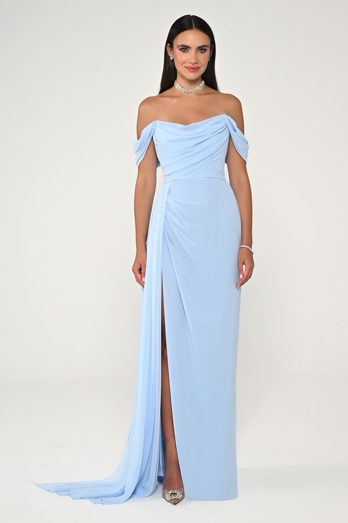 Düşük Omuz Yandan Yırtmaçlı Şifon Uzun Elbise AÇIK MAVİ - 38