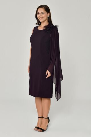 Omzu Şifon Şal Aksesuarlı Midi Elbise Mürdüm - 46