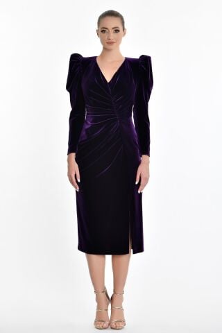 Uzun Kol Kadife Midi Elbise Mor - 42